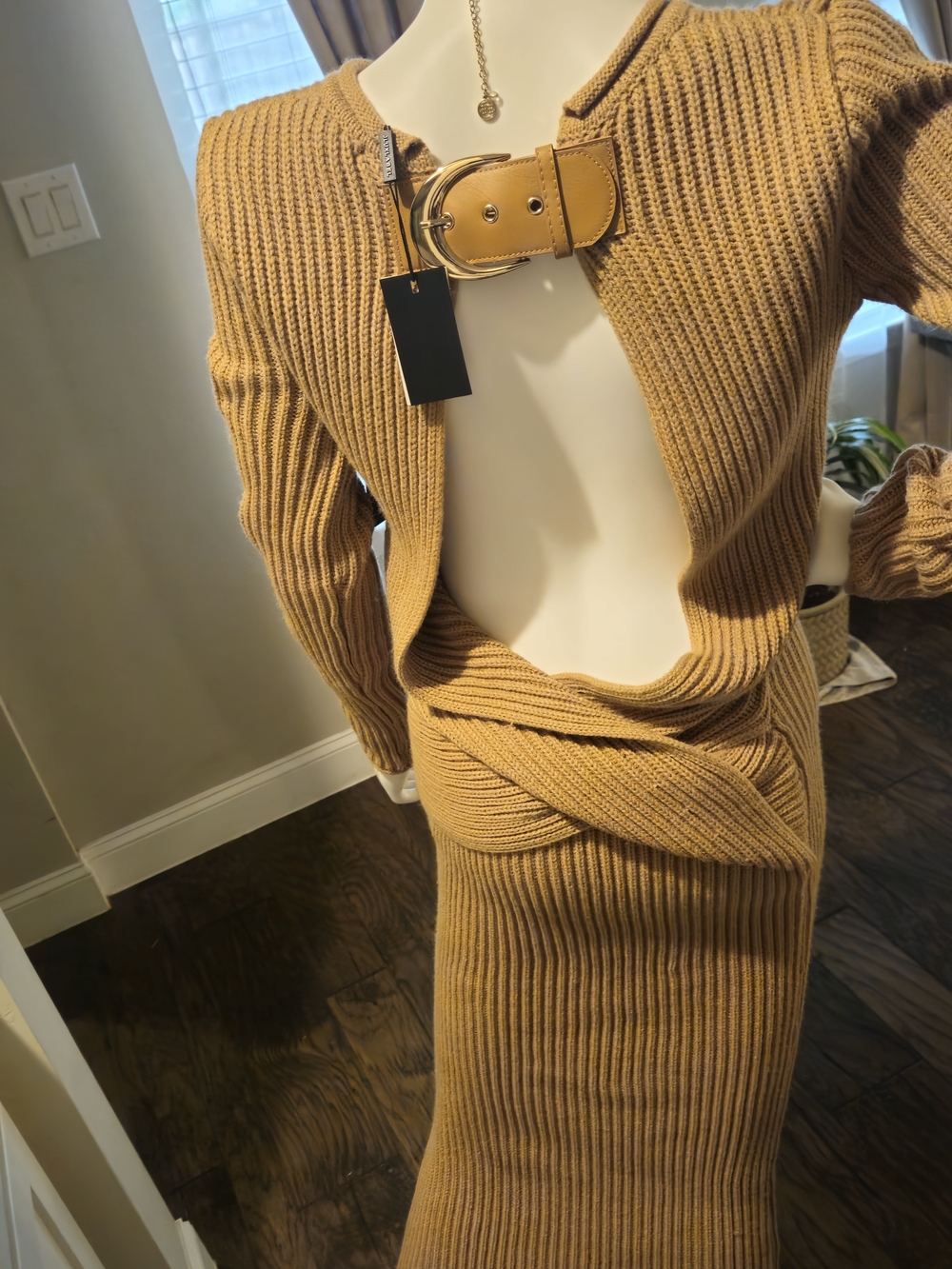 JLUXLABEL Ribbed Twist-Back Waist Maxi Dressin Camel/Tan